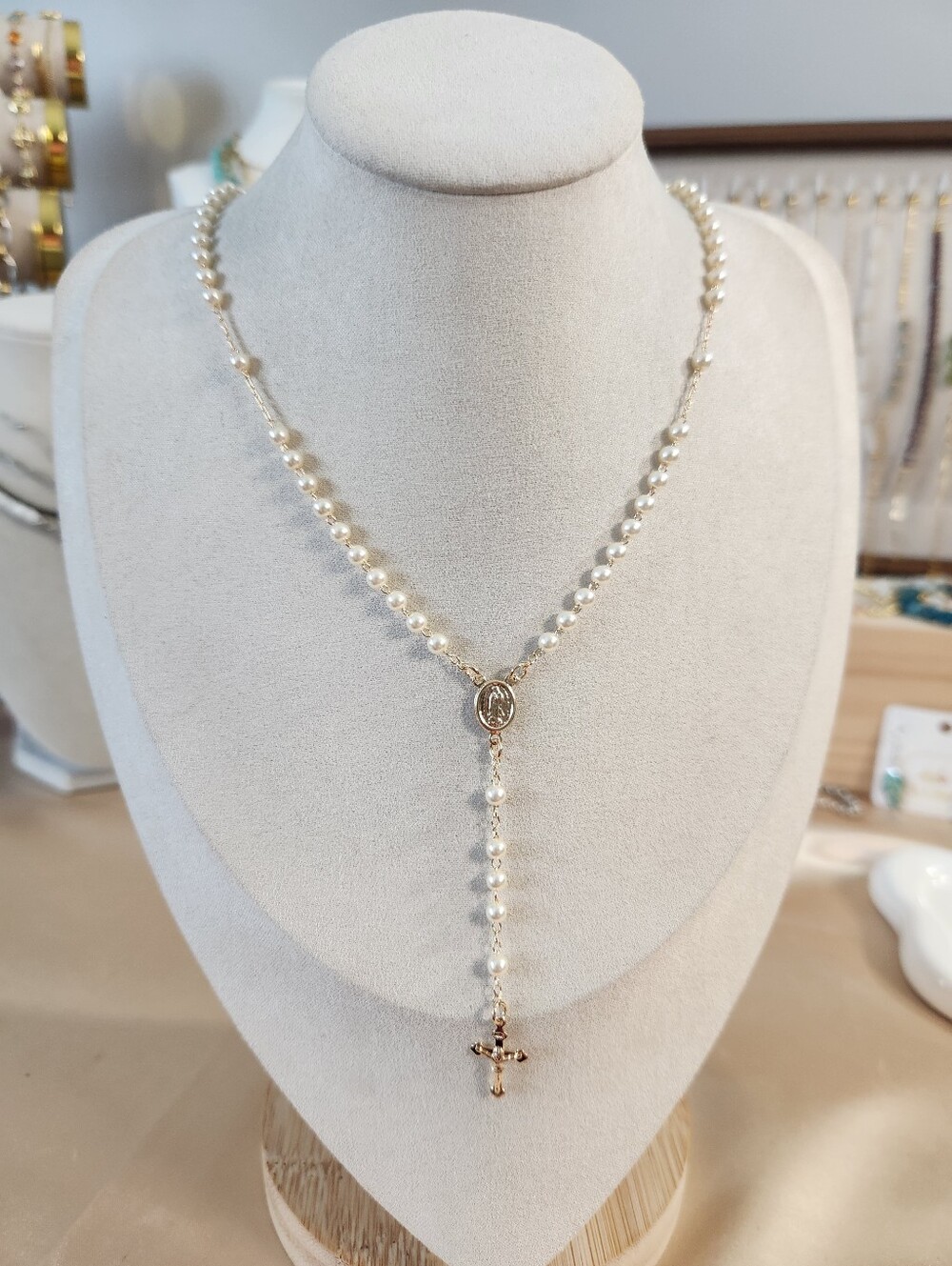 14k Gold Plated Faux Pearl Rosary Necklace